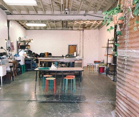 Studio 2 (next door to the main studio) houses our ceramics studio complete with two wheels, a kiln, a wedging table, clay, and tools.