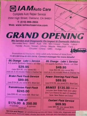 Grand opening flyer Some really great prices oil change  and knowledgeable mechanics make for a very happily Toyota Prius hybrid