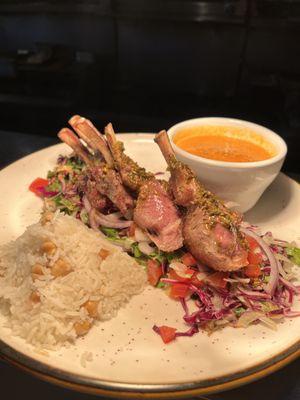 Pan Roasted whole Rack of Lamb, with our House Salad, California Chickpea Rice & with a cup of our "soup of the day"(Red Lentil)