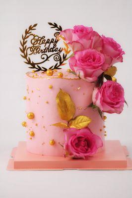 Pink Cake with Fresh Roses