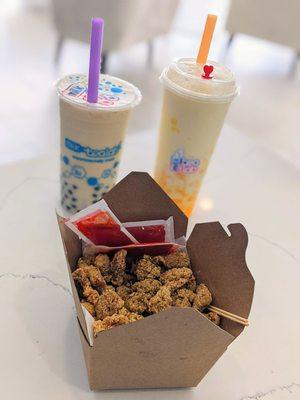 Popcorn chicken, mango milk tea (L), mango lover drink (R)