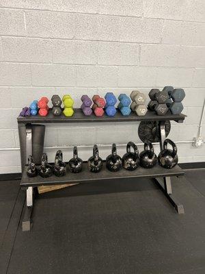 Multiple type of dumb bells and kettle bells