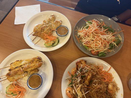 satay chicken, papaya salad, pad thai