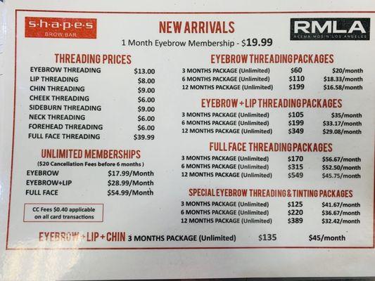 Full service menu (as of Nov 2019)