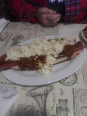 Chile slaw dog. Yes it is a foot long an thick to boot