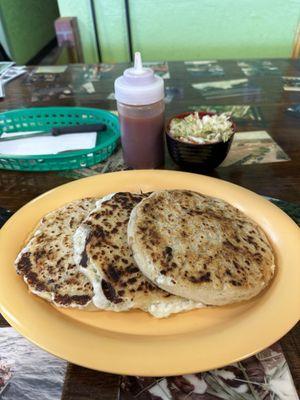 Pupusas de Queso con Loroco and Revueltas (the size of personal pizzas)