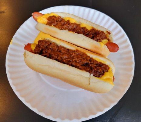 Delicious chili cheese dogs