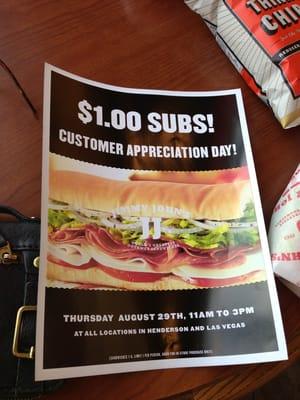 $1.00 subs from 11 am- 3pm August 29th, 2013