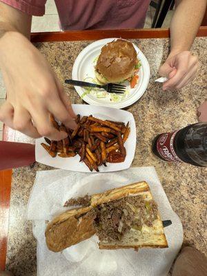 Steak and Cheese Sub, Sweet Potato Fries and a Cheeseburger