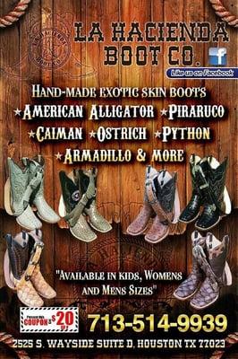 HAND MADE EXOTIC SKIN BOOTS *AMERICAN ALLIGATOR *PIRARUCO *CAIMAN *OSTRICH *PYTHON *ARMADILLO & MORE !!!!! "