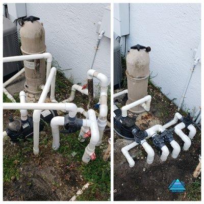 Before and after re-plumb of Pool system. Cleaning up messy pipe installation