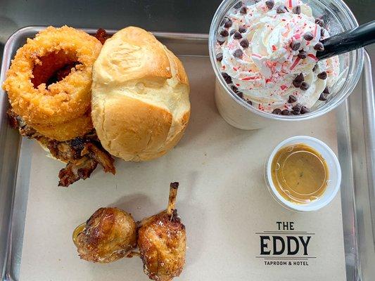 Eddy Sandwich, Hot Honey Drumsticks, Carolina Mustard Sauce and Mr. Mint Shake