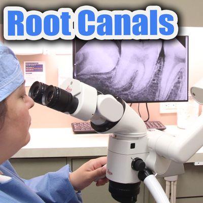 Dentist, endodontist, performs root canal treatment using a microscope and dental x-ray.