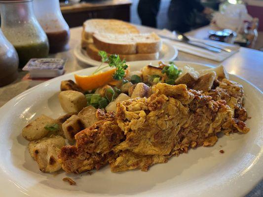 Chorizo scramble with potatoes and toast. Yum!