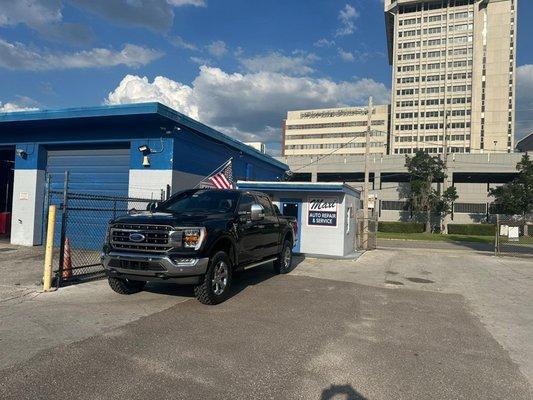 Clean F-150 truck with four new 35x11.50x20 Toyo Open Country MT tires. Proper alignment is essential for even tire wear.