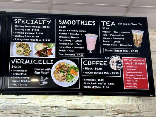 Menu - speciality items, vermicelli plate, smoothies, boba tea, Vietnamese coffee