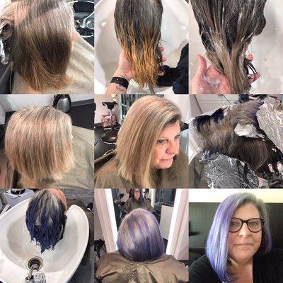 Before, during and after. Removing old hair color and embracing natural silver and adding a pop of purple! FUN!!