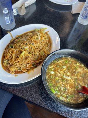 Build Your Own Noodles with Brown Sauce, Chicken, Veggies, and Chili oil, and Hot & Sour Soup