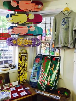 Lots of boards, sweatshirts, and handmade items.