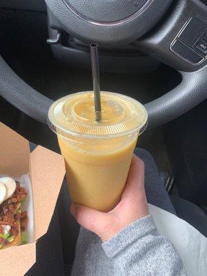 Mango smoothie perfect and only has mango banana and orange juice and ice nothing more that what it says. No sugar added.