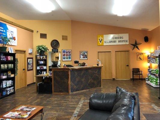 Open and inviting lobby. Fitchburg Veterinary Hospital is always accepting new clients.