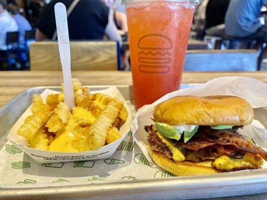 Avocado Bacon Burger, Spicy Cheese Fries, and Strawberry Lemonade