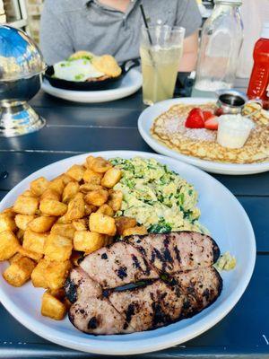 Green eggs, corn beef hash, pancake