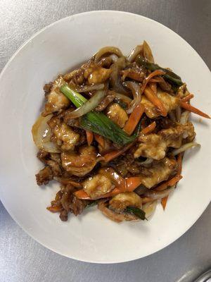 Mongolian Chicken Beef and Shrimp