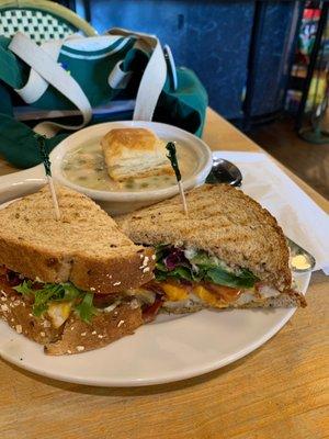 Chicken pot pie soup with the chicken club on wheat