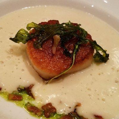 Gorgeous and delicious pan seared scallop with cauliflower soup