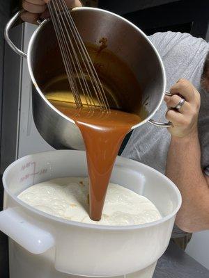 Buckets of Carmel poured right into the cream