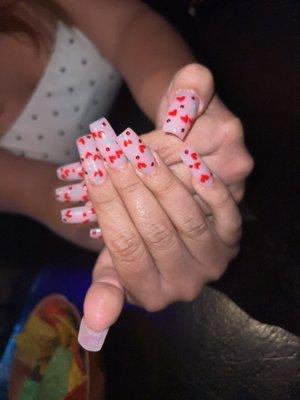 Heart shaped cherries with red diamonds on straight acrylic nails