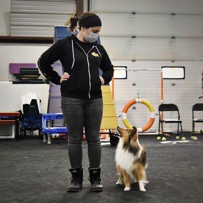 Biz co-owner Katherine and her dog Kerosene during a training session.