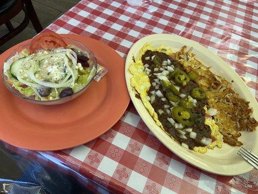 Mini Greek Salad, Mexican omelet, hash browns, English muffin & Coffee.