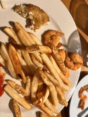 Crab Cakes and OBX Shrimp with Fries.