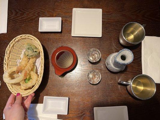 Tempura veggies + hot sake + hot green tea