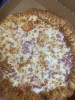 Stuffed crust Ham with extra cheese which manages to have several spots without cheese.