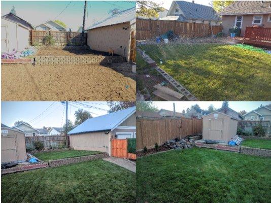 Removed weedy lawn, installed irrigation system,  concrete "cobblestone" path, sod, pavers. Later planted trees and other landscaping.