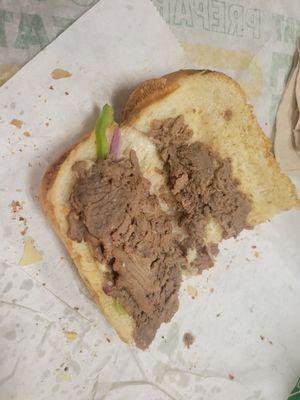 This is supposed to be a Steak & Cheese sandwich from Subway! There is barely any meat or cheese!!!!