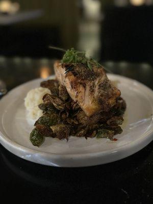 Salmon, Mashed potatoes, and Brussel sprouts