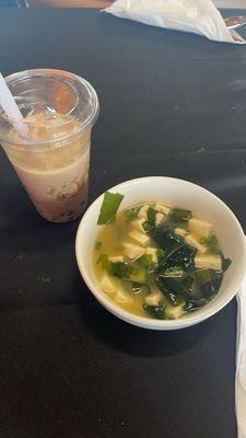 miso soup and large iced coffee boba