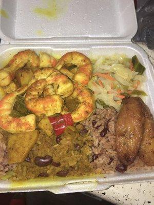 Curry Shrimp(Vegan), rice & peas, plaintains, cabbage