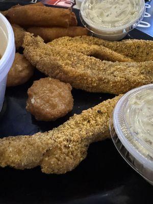 Fried catfish, hush puppies, corn fritters