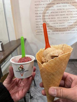 Baby scoop of Mixed Berries and Hazelnut Cone (both vegan flavors)