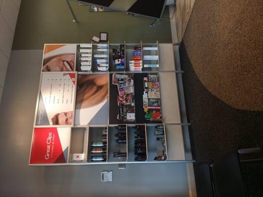 More products, price and service list, magazine rack.