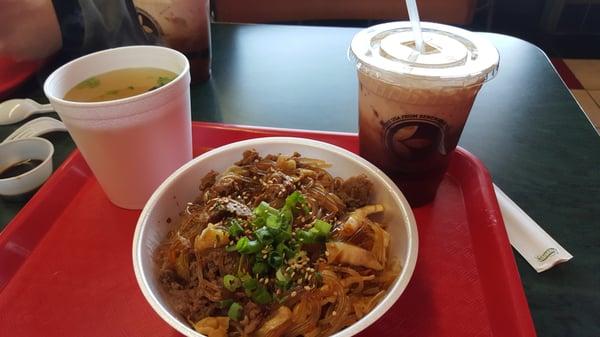 Japchae Bop, Miso Soup and Milk Tea, SO good!!