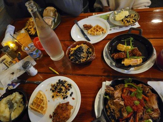 Roast pernil, chicken and waffles, mashed potatoes