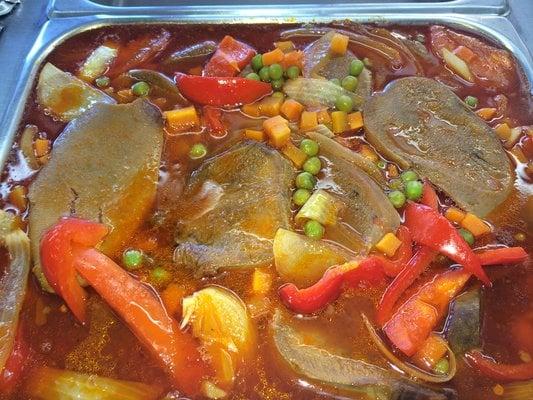 Beef Tongue with Peas, Carrots, Onions, Red Bell Pepper and Tomatoes