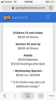 Pricing on page stating Wednesday shows are $6