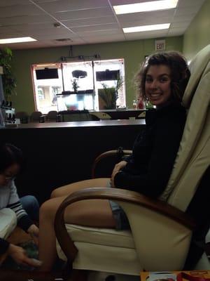 Cydney getting her feet done! Great chairs and room for a group of women.